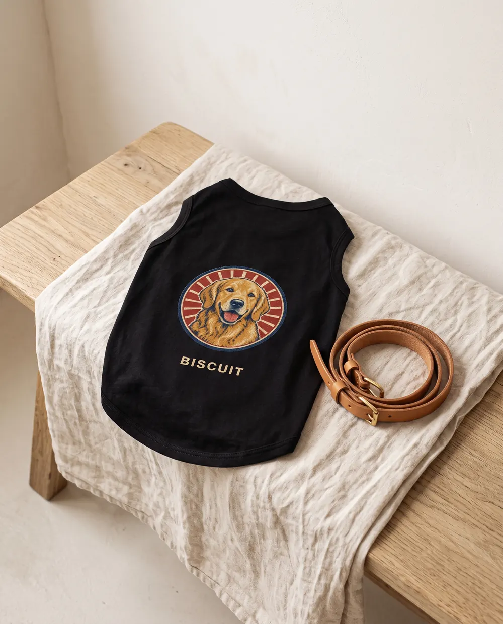 The dog tank top laid flat, print side up