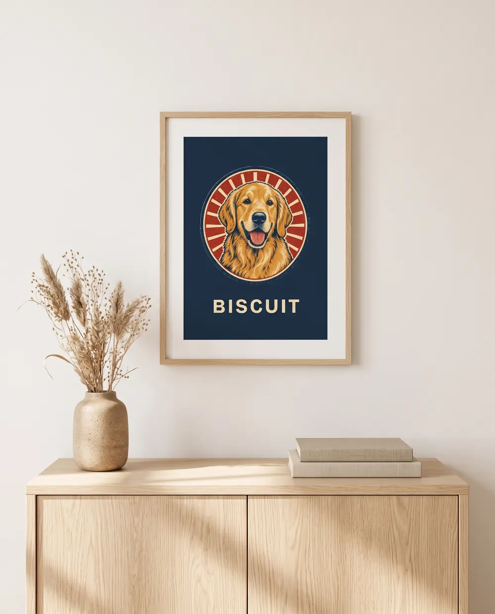 The poster framed on a living room wall above a sideboard