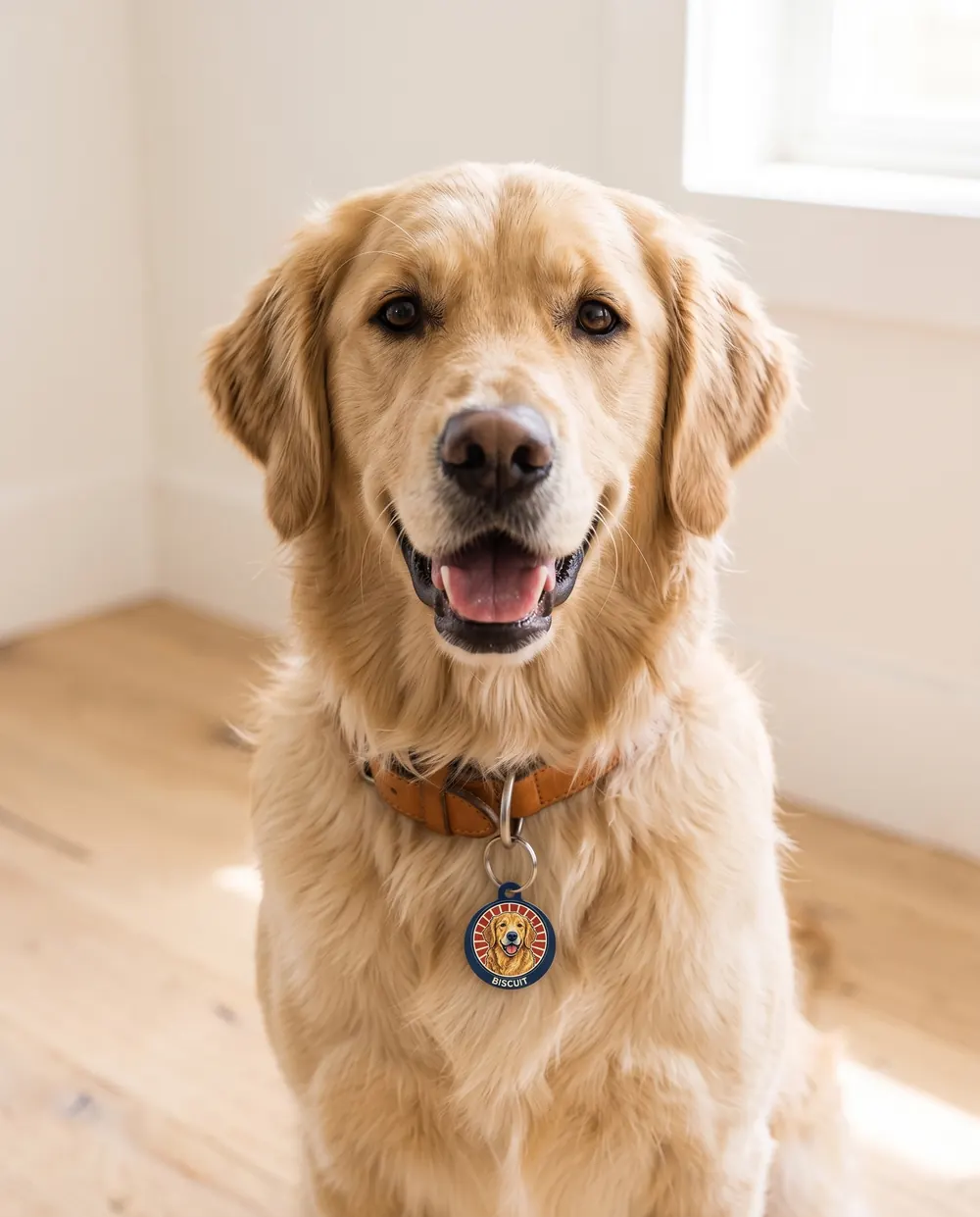 A golden retriever wearing the QR tag, its breed portrait and name printed on the front