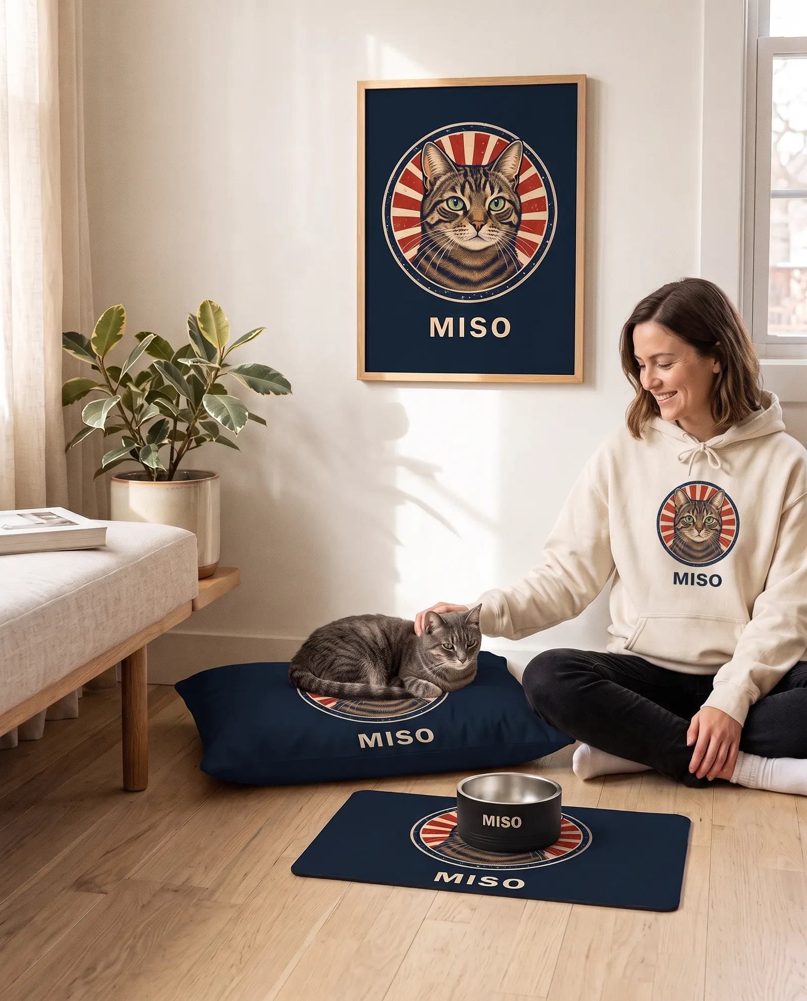The Pet Corner Set for a cat in a living room: a woman in the matching hoodie beside the cat on its bed, the poster, the bowl and the mat