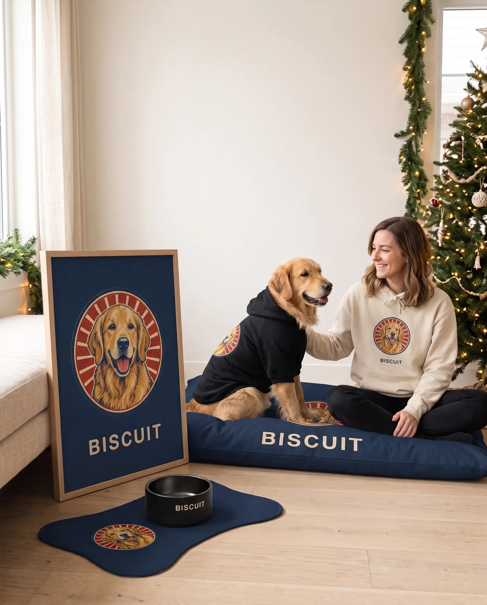 The Pet Corner Set in a living room at Christmas: a woman in the matching hoodie beside the dog on its bed, the poster, the bowl and the mat