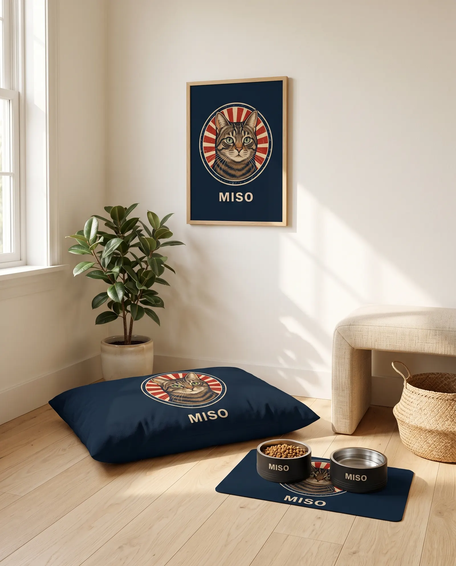 The Welcome Home Collection for a cat set out in a living room: the bed, two bowls on the mat and the poster