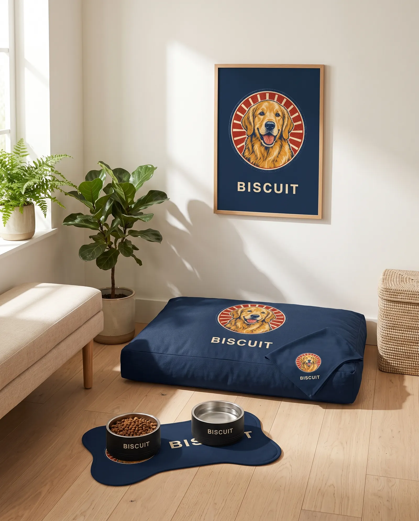 The Welcome Home Collection set out in a living room: the bed, two bowls on the mat, the bandana and the poster