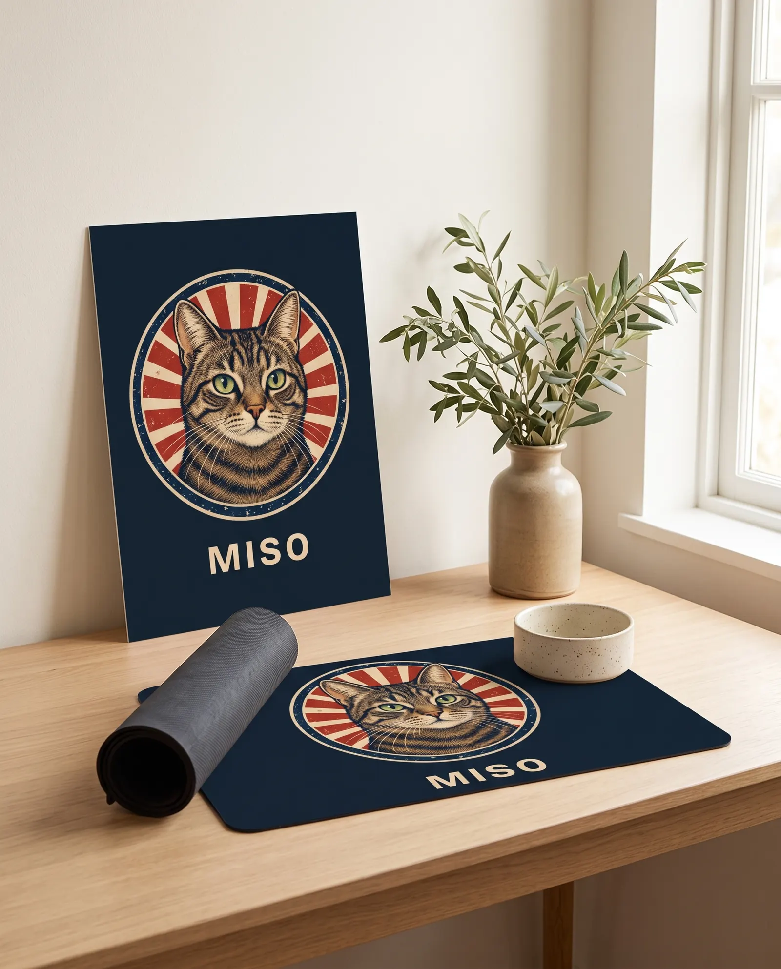 The Welcome Kit for a cat on a table: the poster and the food mat