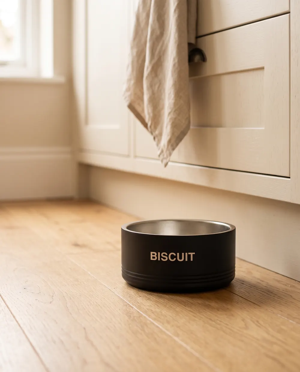 The black steel bowl on a kitchen floor